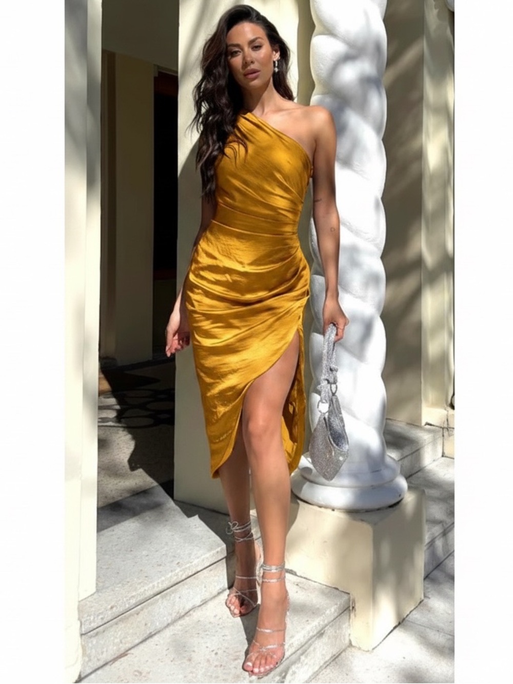 Elliatt Cassini Mustard Yellow One-Shoulder Draped Satin Lined Midi Dress $189 - Picture 6 of 9